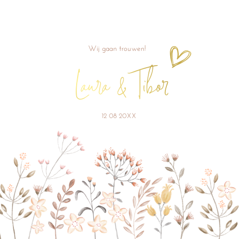 Trouwkaart met getekende bloemen en goudfolie (EF)