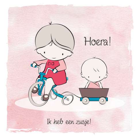 Lief geboortekaartje met zusje op driewieler