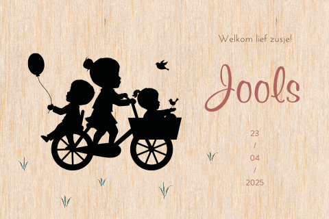 Echt houten geboortekaartje met silhouet met derde kindje