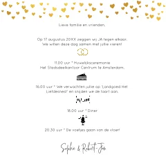 Mooie trouwkaart met foto en goudkleurige hartjes