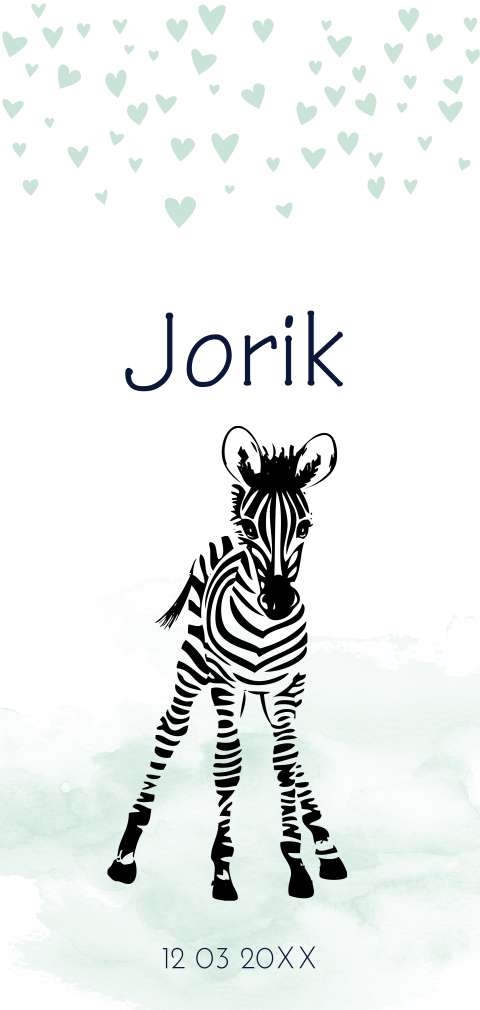 Staand geboortekaartje met zebra en waterverf