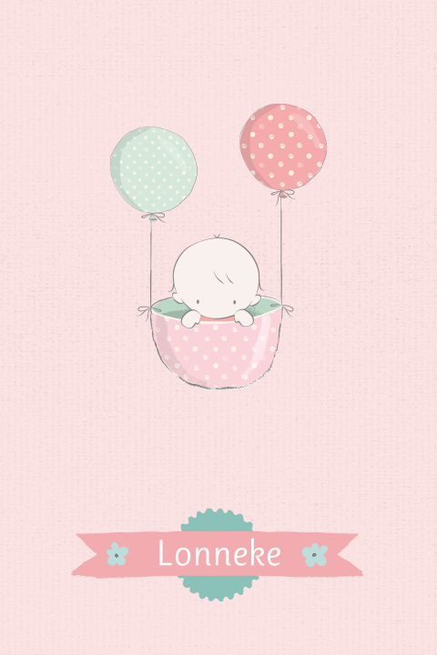 Lief geboortekaartje met baby in mandje met ballonnen