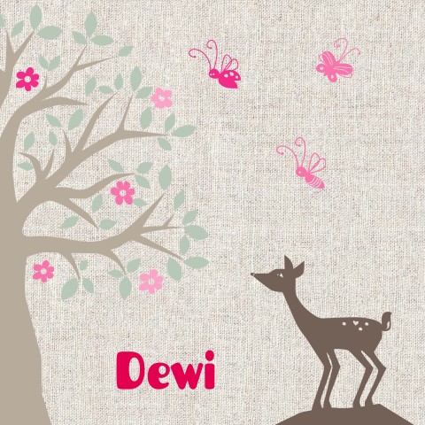 Retro lief geboortekaartje Dewi op linnen voor meisje met boom en hert
