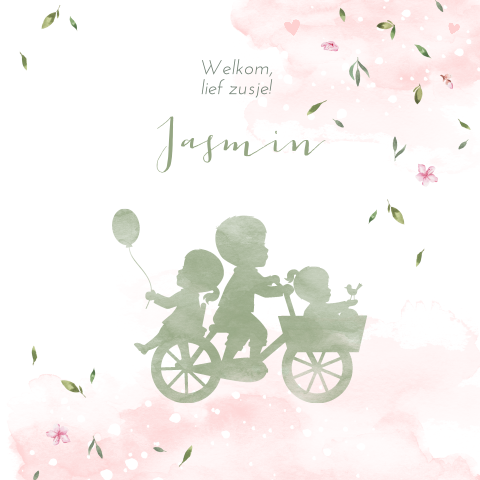 geboortekaartje aquarel silhouet en blaadjes confetti