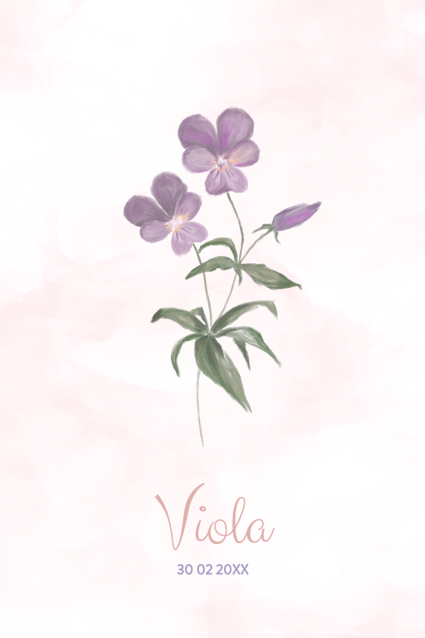 Waterverf geboortekaart geboortebloem viooltje februari