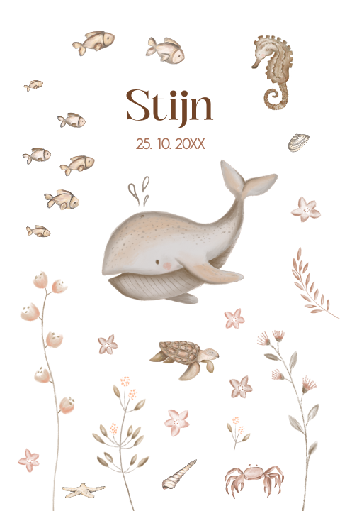 Onderwater thema geboortekaartje met walvis visjes