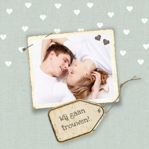 Vintage trouwkaartje met foto en oud etiket