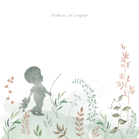 Lief geboortekaartje waterverf silhouet veldbloemen en doorkijkje