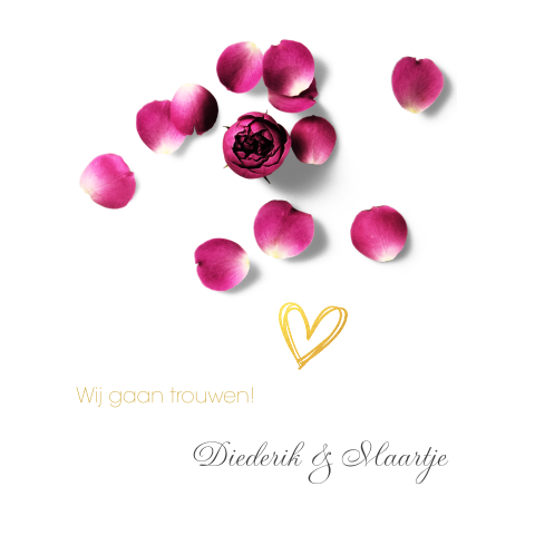 Mooie trouwkaart met roze rozen en blaadjes