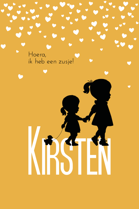 Hip geboortekaartje met silhouet van meisje en hartjes confetti