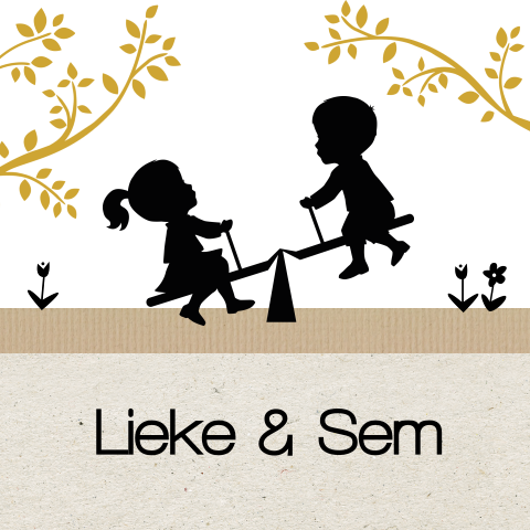 Hippe tweelingkaart met leuke silhouet meisje-jongen op wip