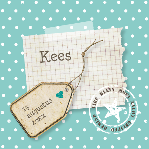 Vintage geboortekaartje Kees met gestempelde sterren en oud etiket