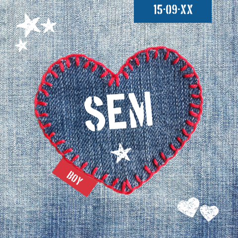 originele spijkerstof geboortekaart Sem met jeans hart en stempels