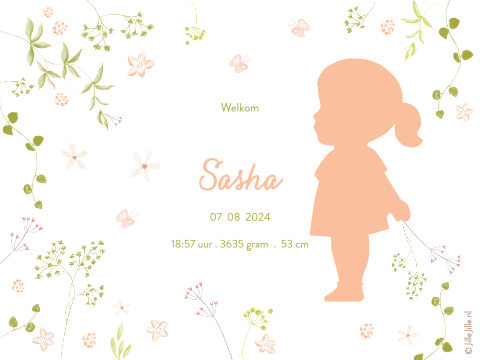 toffe poster met silhouet geboortekaartje met takjes en bloemen