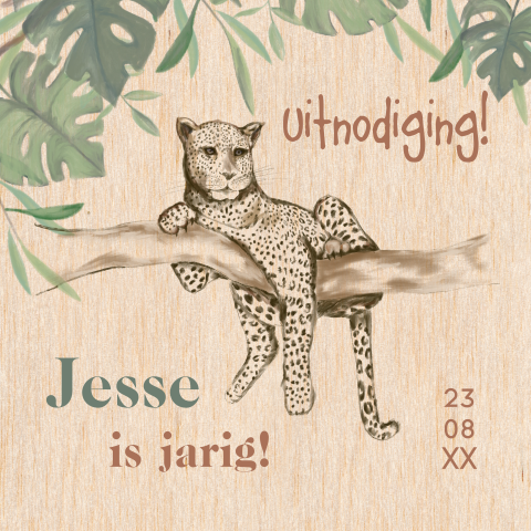 Jungle feest houten uitnodiging verjaardagsfeest met panter