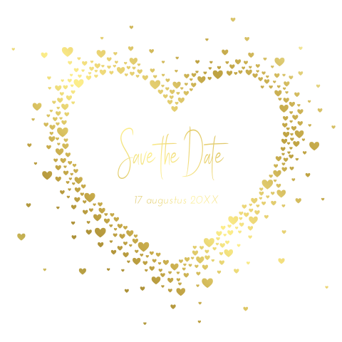 Goudfolie save-the-date kaart met een hart van hartjes