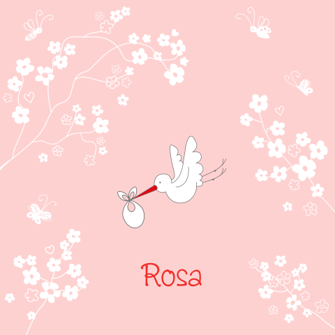 Schattige geboortekaart Rosa met ooievaar en lieve bloemetjes
