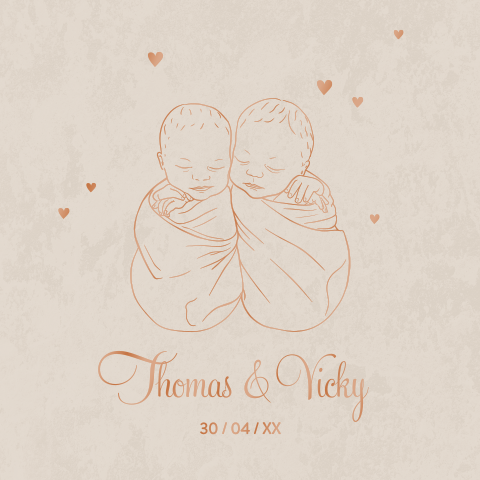 Prachtig lief unisex tweelingkaartje met illustratie tweeling in lijnen