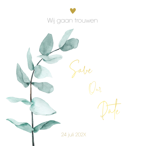 Save-the-Date kaart met waterverf geschilderde eucalyptus tak en folie
