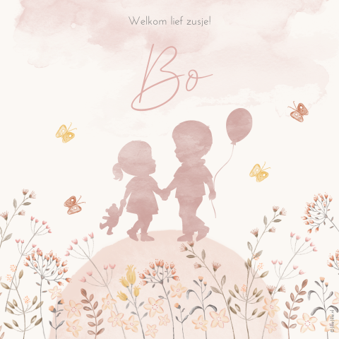 Schattige poster silhouet meisje grote broer waterverf bloemen