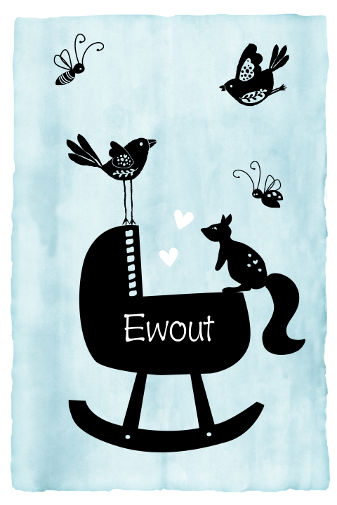 Mooi trendy aquarel geboortekaartje met wieg eekhoorn en vogeltjes