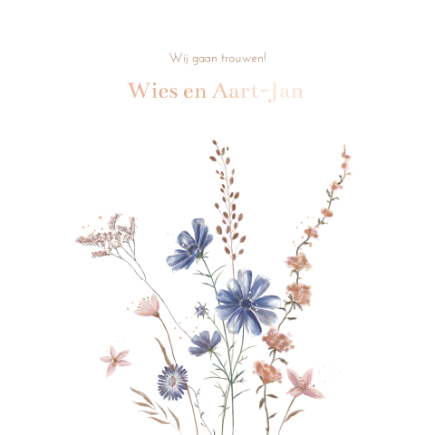 Prachtige trouwkaart met illustratie veld bloemen aquarel en foliedruk