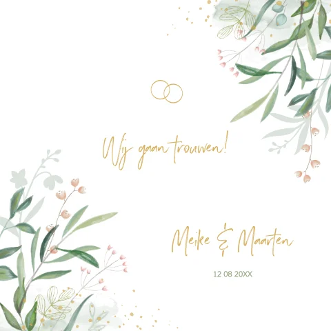 Trouwkaart met lieve kleine takjes en bloemen