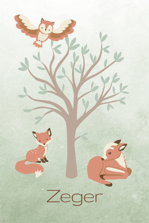 Geboortekaartje met lief uiltje en hertje en vos