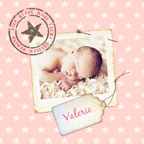Vintage geboortekaart Valerie met stempel sterren foto en oud etiket