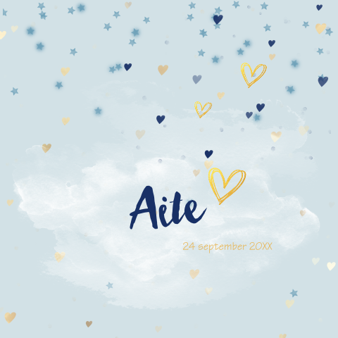 mooie geboortekaart met kleine goudkleurige hartjes