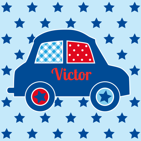 vrolijk geboortekaartje voor Victor met sterren en vrolijke auto