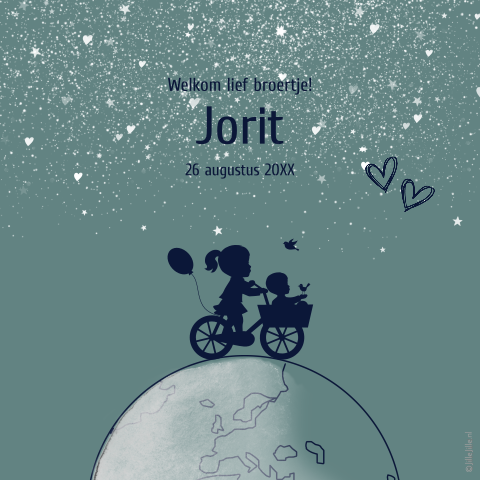 poster met wereldbol, sterren en silhouet tweede kindje