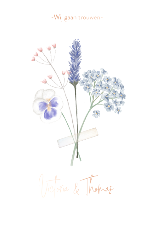 trouwkaart met getekende bloemen en foliedruk teksten