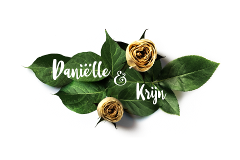 mooie liggende trouwkaart met gele rozen en blad