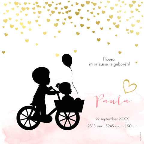 poster met goudfolie hartjes en broertje en zusje op de fiets