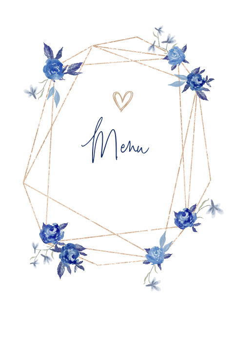Menukaart met frame en blauwe aquarel bloemen