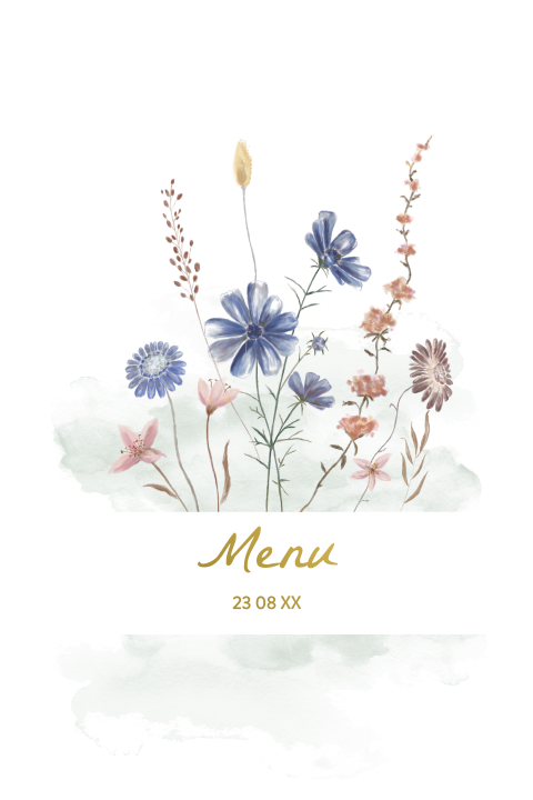 Prachtige Menukaart met folie en geschilderde veldbloemen