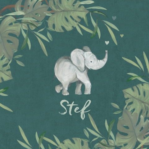 Geboortekaartje met geschilderde olifant in jungle