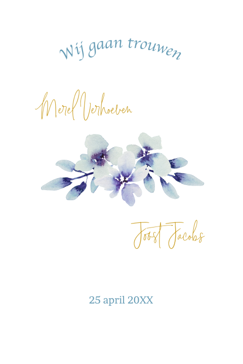 Botanische trouwkaart met waterverf bloemen in zachte blauwe kleuren