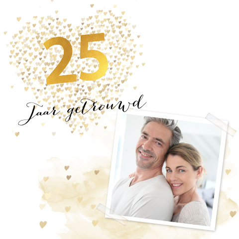 25 jaar getrouwd, kaart gouden hartjes en foto