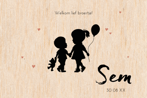Echt houten geboortekaartje met silhouet jongen en grote zus