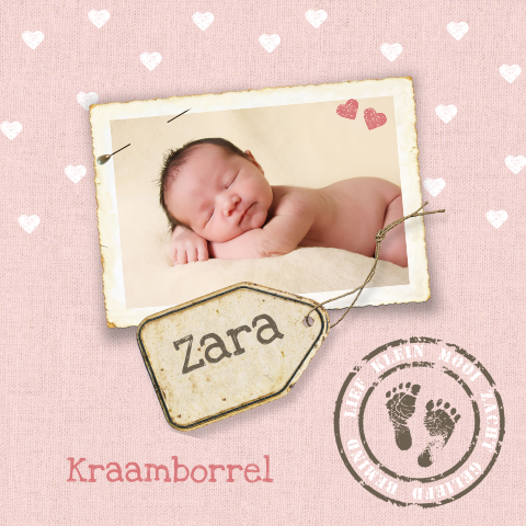 Vintage kraamborrelkaartje met foto en oud etiket
