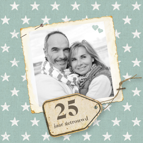 Jubileumkaart met vintage fotorandje en labels