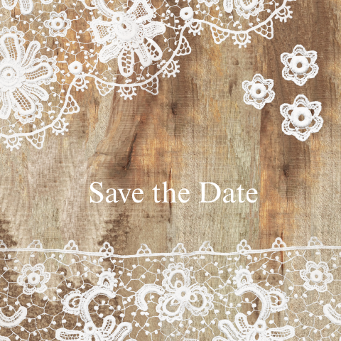 Originele stijlvolle save-the-date-kaart met kant op hout