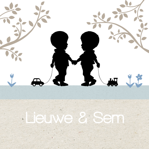 Hippe tweelingkaart met silhouet van jongetjes hand in hand