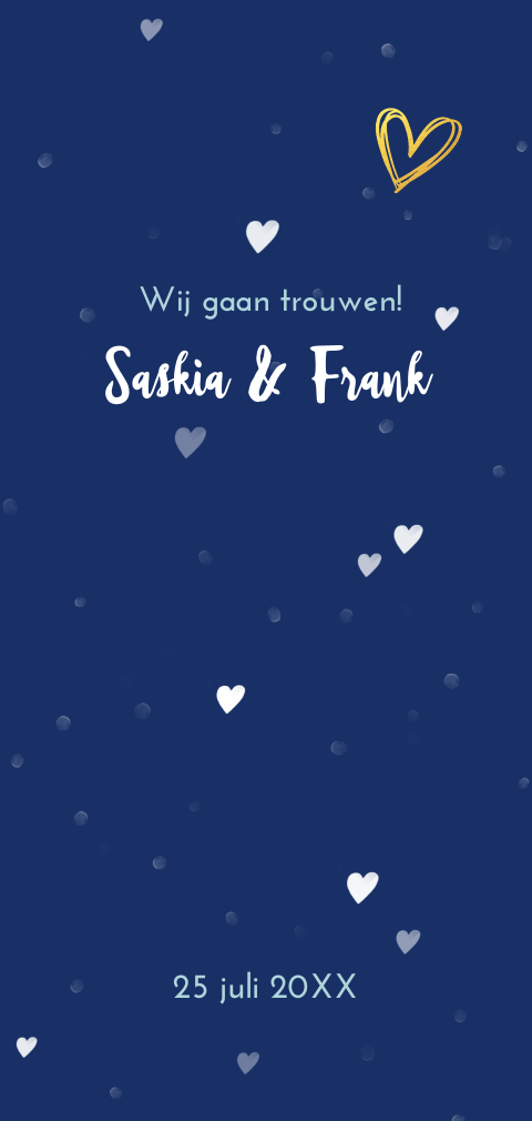 Mooie staande trouwkaart met confetti van hartjes