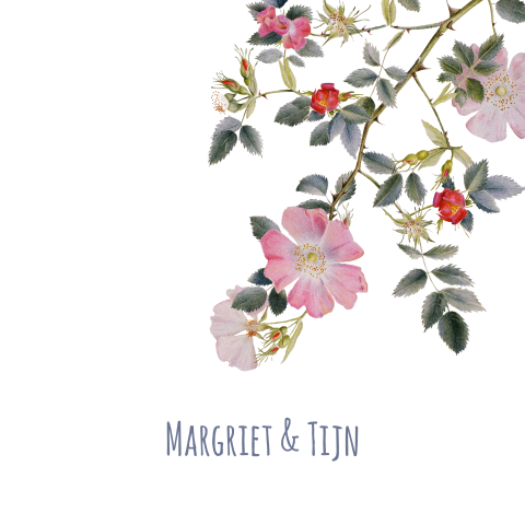 mooie originele-save-the-date kaart met lieve rozen en blaadjes