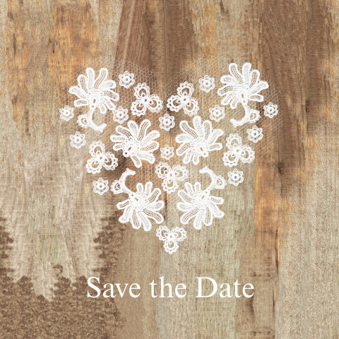 Trendy save-the-date-kaart met kanten hart op hout