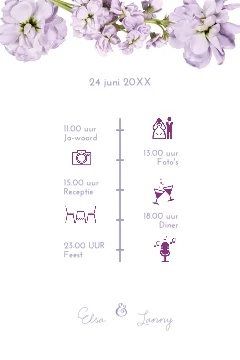 Moderne staande trouwkaart met lila bloemen
