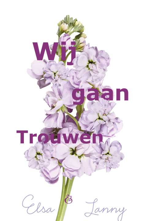 Moderne staande trouwkaart met lila bloemen